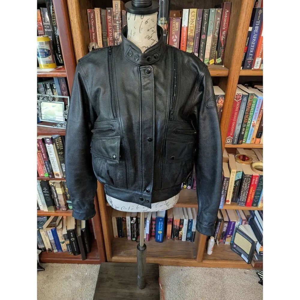 Vintage Black Leather Hein Gericke Motorcycle Jacket, Zip Out Lining, Size 36